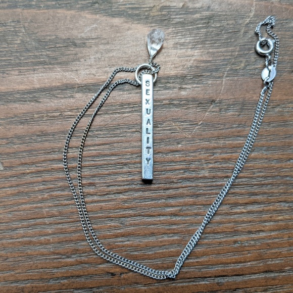 Sterling Silver & Quartz Rectangular Bar Inspirational Vertical Pendant Necklace - Picture 11 of 14